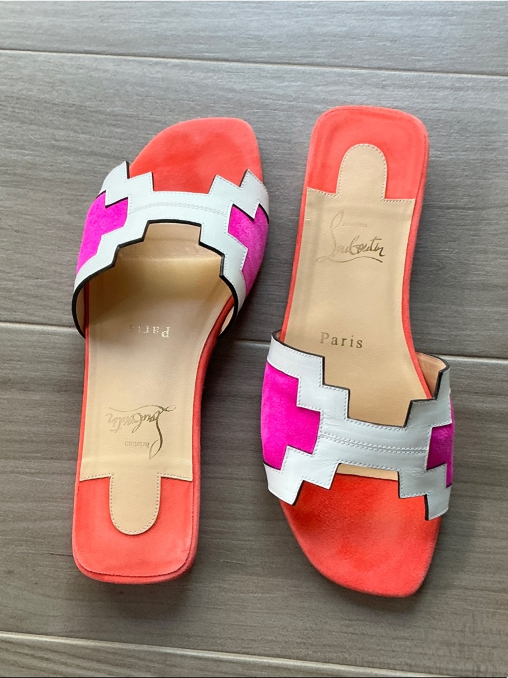 Christian Louboutin Coral & Hot Pink Suede Slide Mules with White Trim
